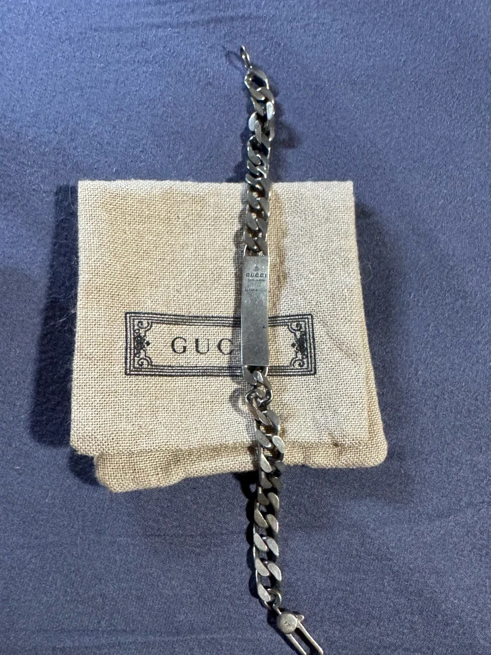 Gucci Silver-Tone Curb Chain ID Bracelet with Engraved GG Plate